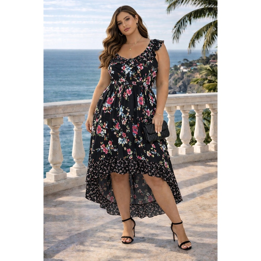 Chelsea Studio Maxi Dress Womens Plus 3X Black Floral Patchwork Cottage Romantic